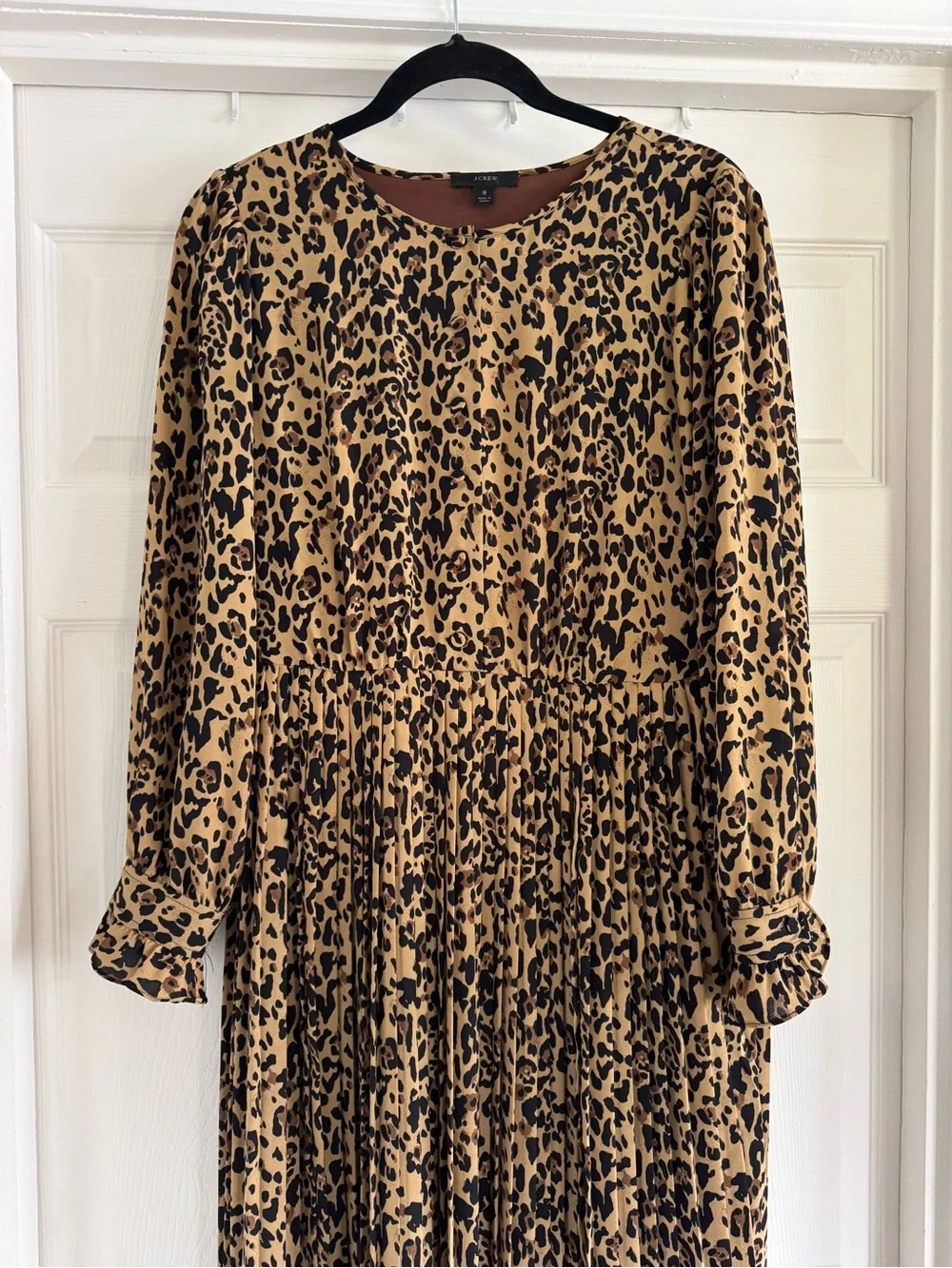 J. Crew Leopard Print Long Sleeve Pleated Midi Dress - Tan & Black